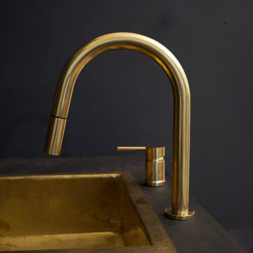 Deck Mounted Unlacquered Brass Single Handle Pull-Down Kitchen Faucet - Image 9