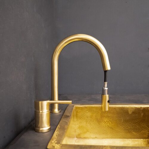 Deck Mounted Unlacquered Brass Single Handle Pull-Down Kitchen Faucet - Image 7