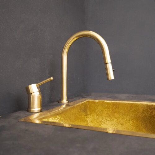 Deck Mounted Unlacquered Brass Single Handle Pull-Down Kitchen Faucet - Image 6