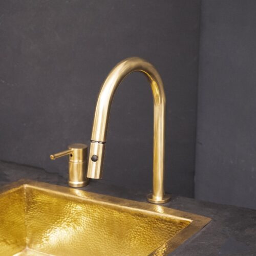 Deck Mounted Unlacquered Brass Single Handle Pull-Down Kitchen Faucet - Image 2