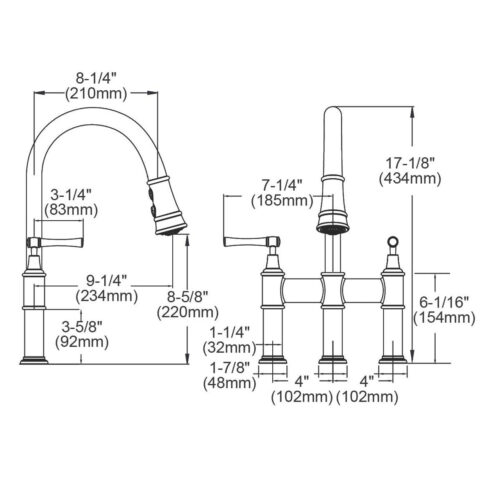 Unlacquered Brass Three Hole Bridge Faucet with Pull-down Spray and Lever Handles - Image 2