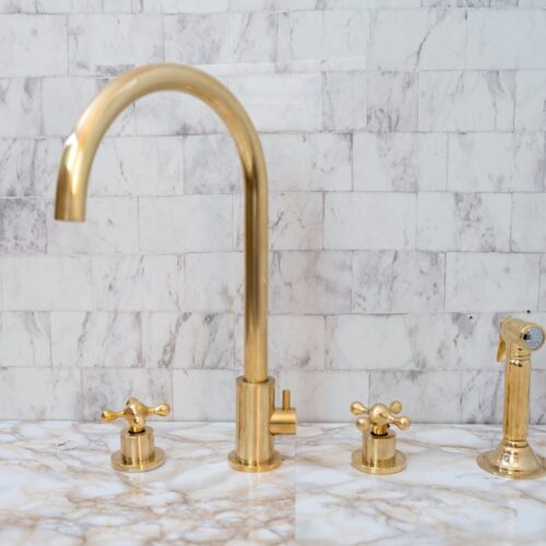 Unlacquered Brass 4 Holes Bathroom Faucet With Diverter - Image 12