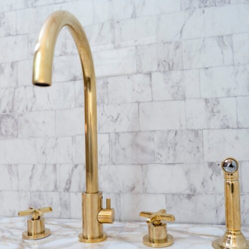 Unlacquered Brass 4 Holes Bathroom Faucet With Diverter - Image 11