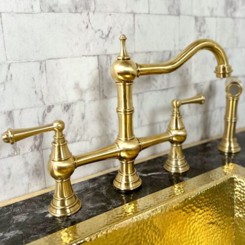 Unlacquered Brass Deck Mount Column Spout 3 Leg With Sidespray - Image 2