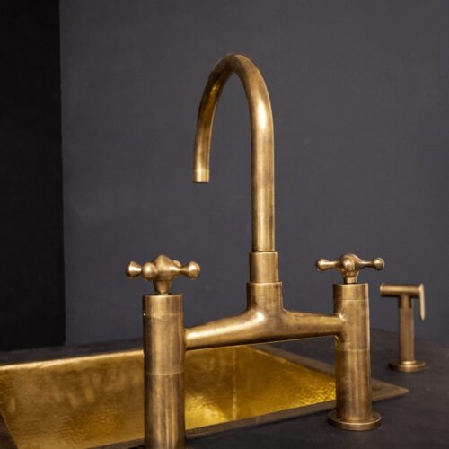 Unlacquered Brass Kitchen Bridge Faucet With Sprayer & Cross Handles - Image 8