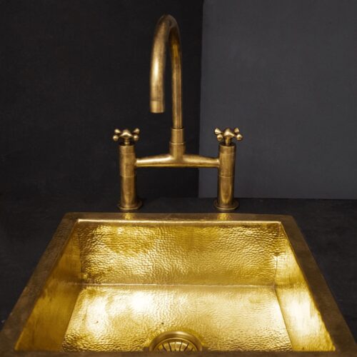 Unlacquered Brass Kitchen Bridge Faucet With Sprayer & Cross Handles - Image 6