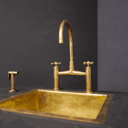 Unlacquered Brass Kitchen Bridge Faucet With Sprayer & Cross Handles - Image 5