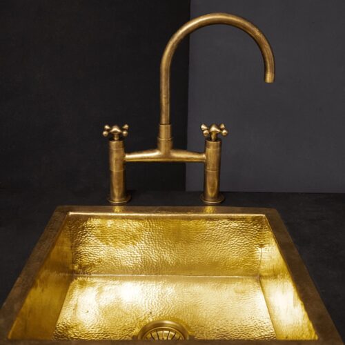 Unlacquered Brass Kitchen Bridge Faucet With Sprayer & Cross Handles - Image 2