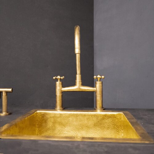 Unlacquered Brass Kitchen Bridge Faucet With Sprayer & Cross Handles - Image 4