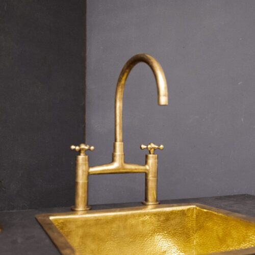 Unlacquered Brass Kitchen Bridge Faucet With Sprayer & Cross Handles - Image 3