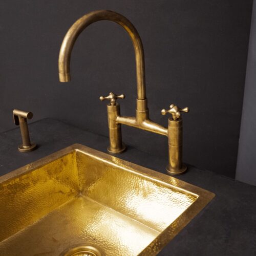 Unlacquered Brass Kitchen Bridge Faucet With Sprayer & Cross Handles - Image 7