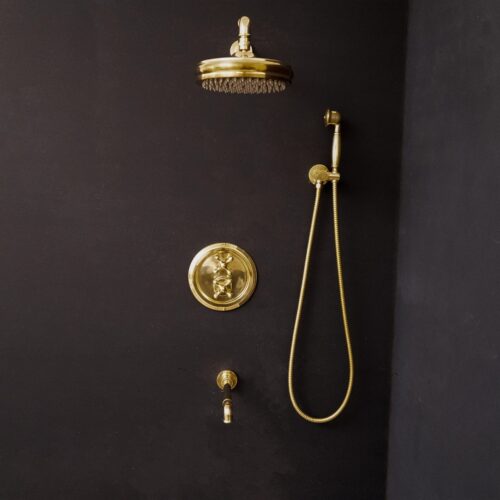 Unlacquered Brass Thermostatic Shower Set with Simple Cross Handles