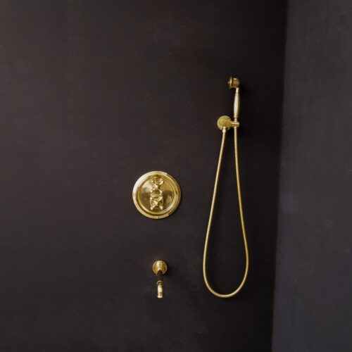 Unlacquered Brass Thermostatic Shower Set with Simple Cross Handles - Image 3