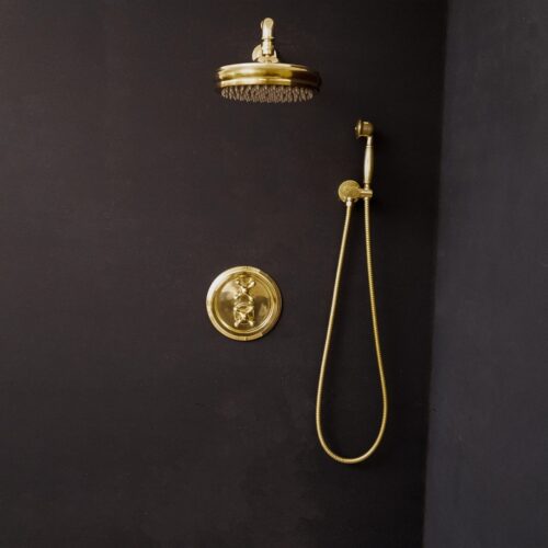 Unlacquered Brass Thermostatic Shower Set with Simple Cross Handles - Image 2