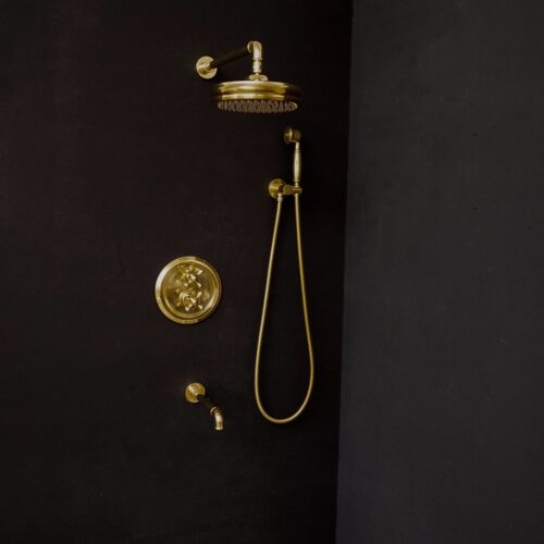 Unlacquered Brass Thermostatic Shower Set with Simple Cross Handles - Image 5